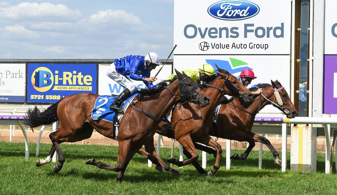 TIGHT FINISH: Silent Warrior (right) takes out the Wangaratta Cup in a thrilling finish on Sunday. Picture: MARK JESSER