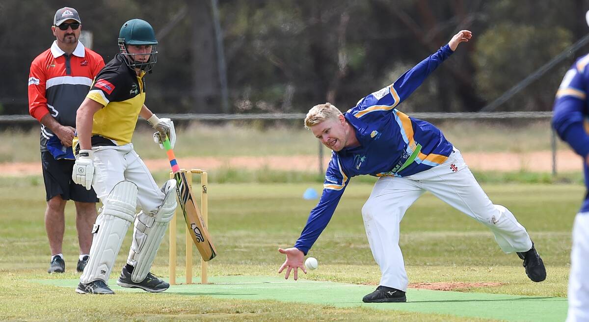 WINNING RUN: Rand's Nathan I'Anson attempts a caught and bowled against Walbundrie at Rand on Saturday. Picture: MARK JESSER