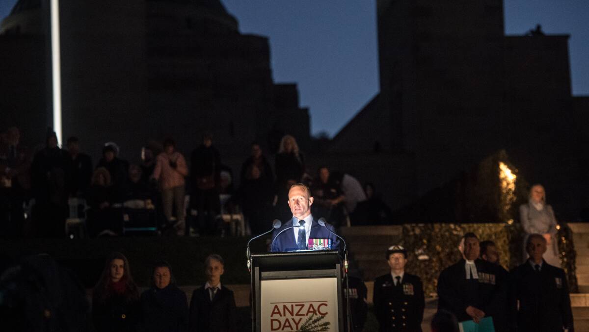 Corporal Mark Donaldson VC addresses thousands at the 2019 Anzac Day Dawn Service in Canberra. Photo: Karleen Minney 