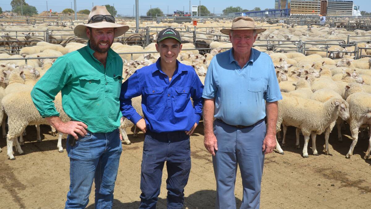John Bruce, Barooga, with his father John Bruce and Tom Oliver, 16, sold 157 Border Leicester/Merino ewes, May/June 2020-drop, 59kg, for $362, topping the sale. 