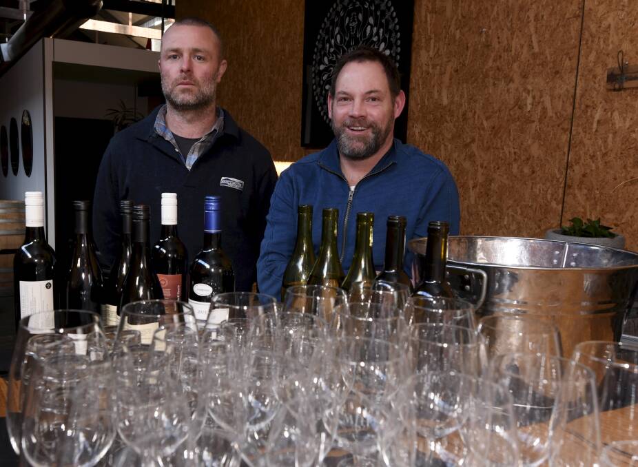 SPECIAL SERVE: Mount Langi Ghiran's chief winemaker Adam Louder and Mitchell Harris' John Harris are keen to offer bottles to boost international cancer research in Ballarat. Picture: Lachlan Bence