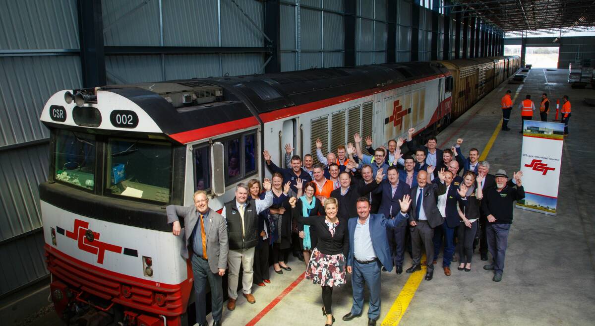 New platform: Wodonga mayor Anna Speedie and SCT chief Glenn Smith with guests at the launch of the first train from the freight terminal.