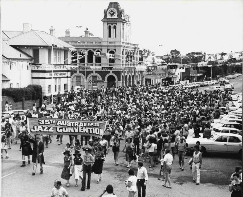Long history: Participants march through Forbes in 1980 when the central west NSW town hosted the 35th Australian Jazz Convention.