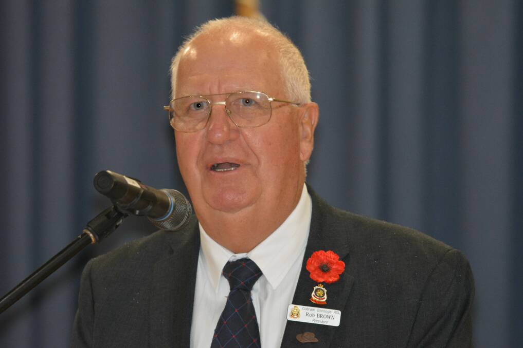 VOICE FOR VETERANS: Rob Brown speaks at a gathering as the president of the RSL sub-branch for Cobram-Barooga.