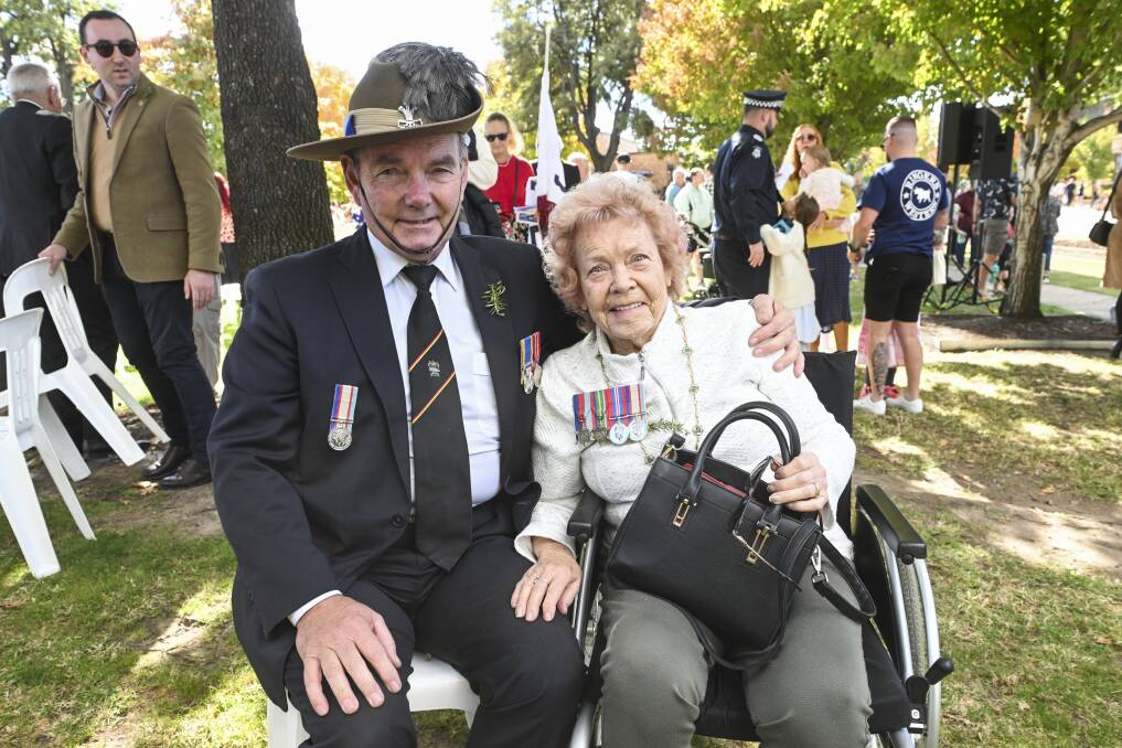 Keith Dudley with his slouch hat containing emu plumes to reflect his mounted rifles service, accompanied his mother Jean Dudley to Wodonga's morning Anzac Day ceremony. Picture by Mark Jesser