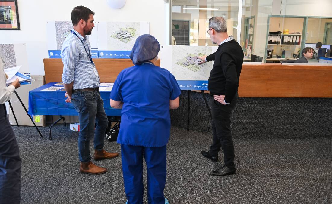 Albury hospital plans are displayed at Wodonga hospital in October 2023. However, more details are being withheld from the Victorian Parliament. Picture by Mark Jesser 