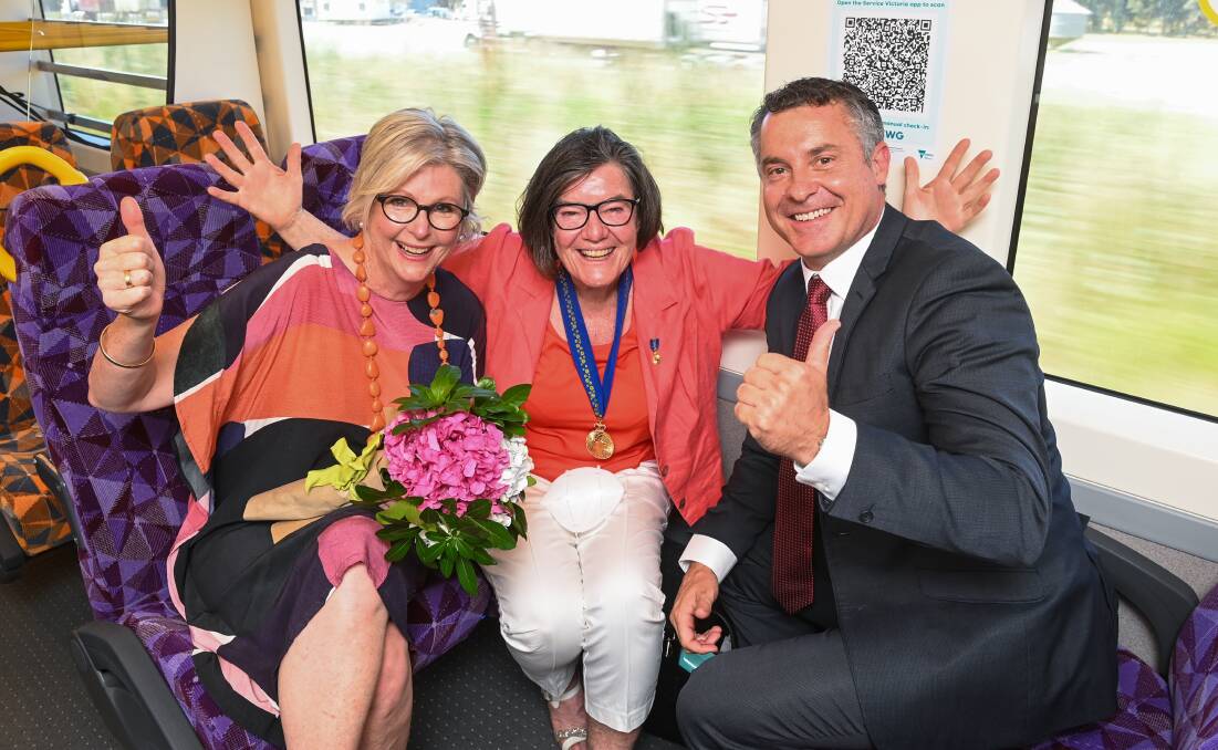 Flashback: Helen Haines on the first North East VLocity train in December with predecessor in Indi Cathy McGowan and Wodonga's deputy mayor Graeme Simpfendorfer..