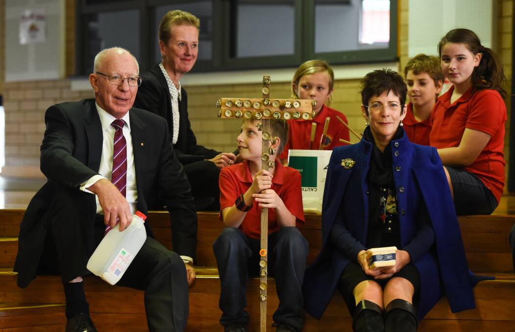 Flashback: NSW Governor David Hurley and his wife Linda with Springdale Heights Public School pupils during their Albury visit in May. Picture: MARK JESSER