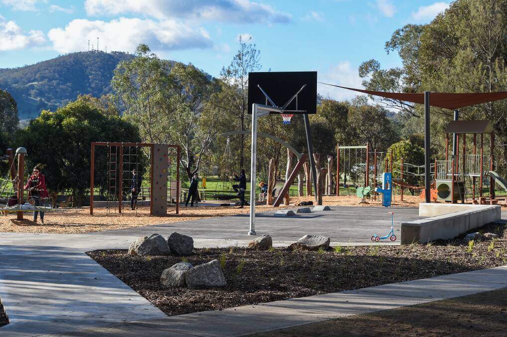 Ready for youngsters: A basketball ring and skateboard ledge are among the attractions of a new playground at Lavington. Picture: MARK JESSER