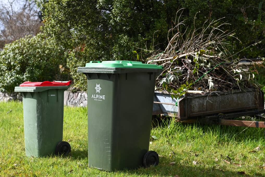A newly-introduced Alpine Shire green waste bin sits on a nature strip at Mount Beauty awaiting collection this week by a garbage truck. Picture by Mark Jesser