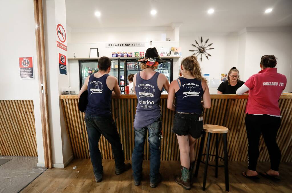 Stopping off for a drink at the Conargo Pub on the way home from the Deniliquin Ute Muster were Jordan Tuohy, James Schmetzer and Katie Morris Rawson. They were joined by many others who had gone to the first muster since 2019. Picture by James Wiltshire.