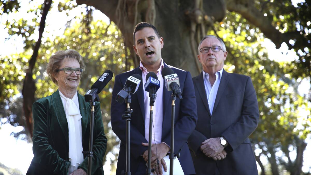 Flagging change: Pro-life advocate Wendy McCarthy, Independent MP Alex Greenwich and NSW Health Minister Brad Hazzard announce plans for an abortion reform bill at a media conference in Sydney on Sunday.
