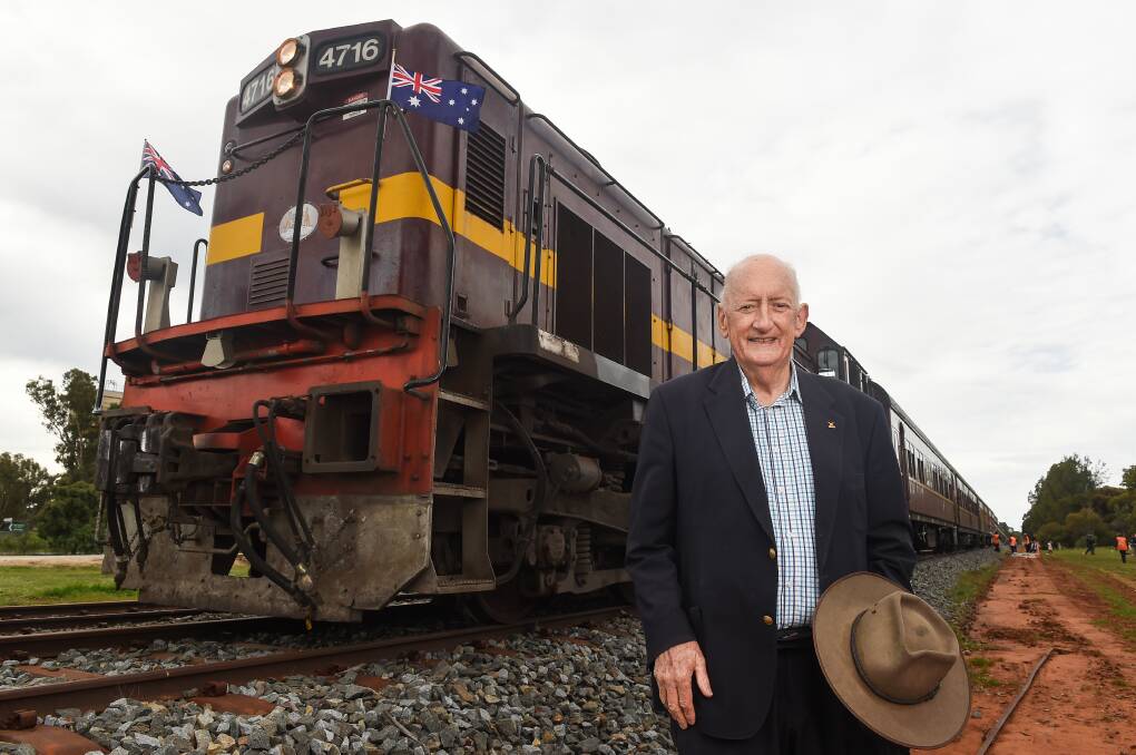 Happy day: Tim Fischer at Boree Creek last month after having taken a train trip from Albury to the Riverina village where he grew up and a park was renamed in his honour to mark his visit. Picture: MARK JESSER 