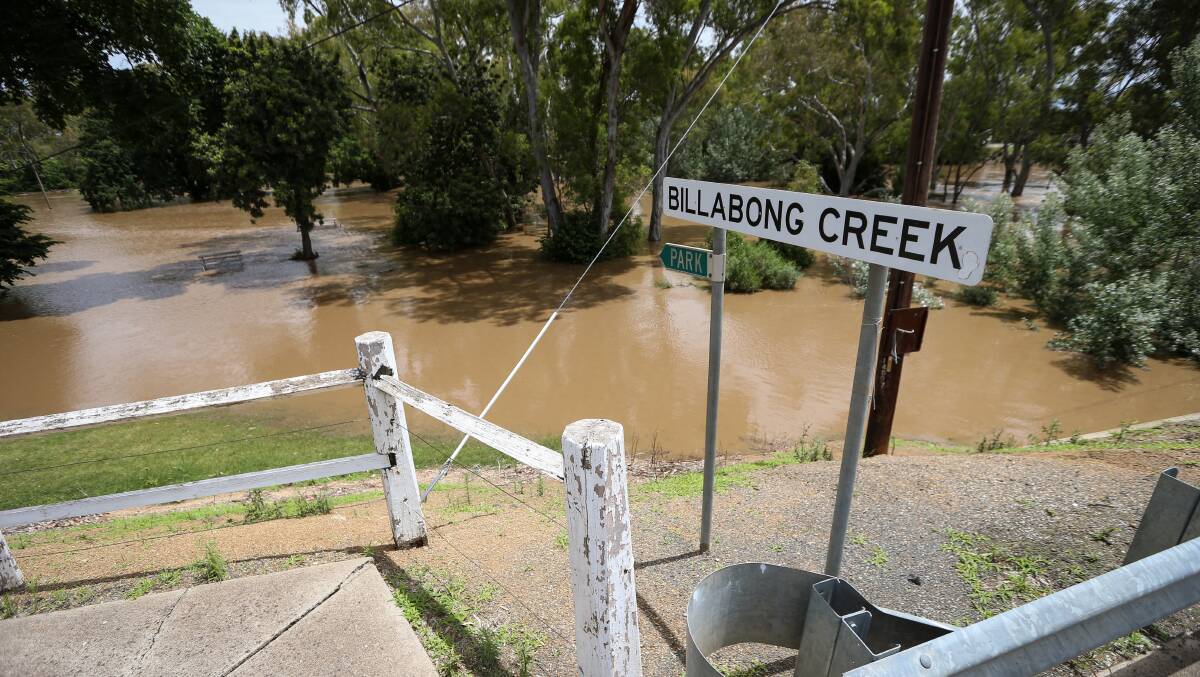 Brown fan: Water from the Billabong Creek spread widely on Saturday morning before falling later in the day. Picture: JAMES WILTSHIRE