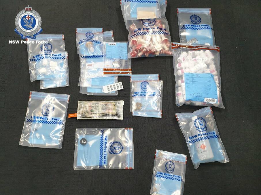 Evidence amassed: Bags of items seized from a rental car after a crash in North Albury. They include porcelain chess pieces (top middle) and pill bottles (middle right). Picture: NSW POLICE