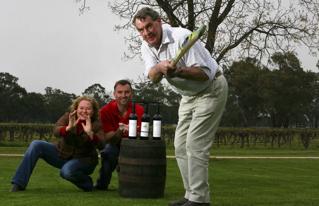 Going into bat: Colin Campbell marks 101 years not out for durif production in the Rutherglen district with fellow winery representatives Ann Killeen and Damien Cofield in 2009.