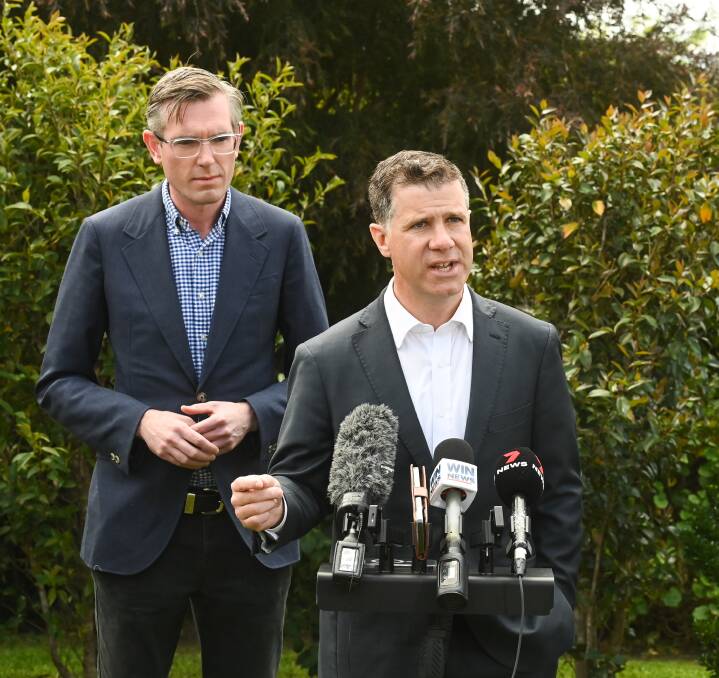 NSW Premier Dominic Perrottet who announced the Kids Future Fund as part of his election launch on Sunday March 12. He is pictured here with his Albury parliamentary colleague Justin Clancy.
