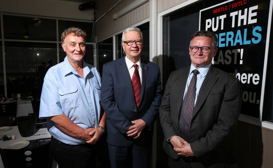 Red corner trio: Labor's candidate for Benambra Mark Tait, Senator Doug Cameron and Wagga-based Labor candidate for Riverina Mark Jeffreson, who previously lived at Lavington. Picture: JAMES WILTSHIRE 