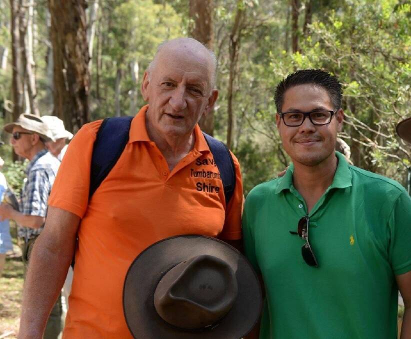 Flashback: The late Tim Fischer wearing a Save Tumbarumba Shire shirt while on a Tumbatrek hike with fellow Nationals member Wes Fang in 2016.