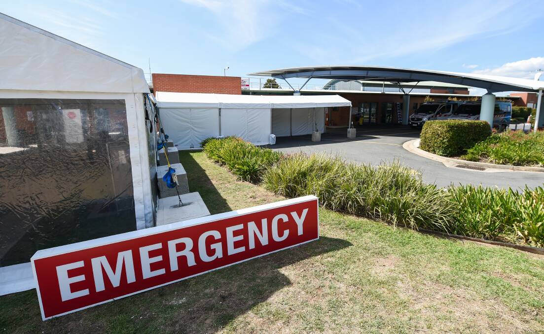 Ready and waiting: The makeshift triage area that has been set up outside Albury hospital as part of the response to coronavirus pandemic. Picture: MARK JESSER