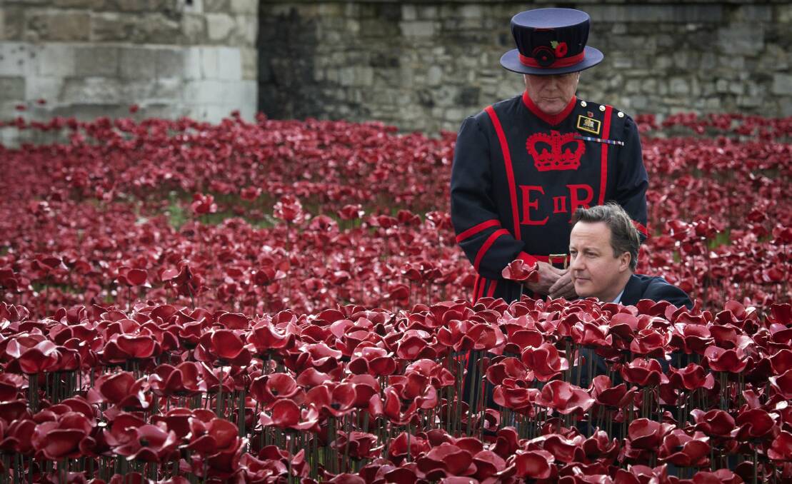Flashback: The carpet of poppies which was planted at the Tower of London in 2014 to mark a century since the outbreak of World War I. Then British Prime Minister David Cameron and beefeater are surrounded by the symbolic blooms.