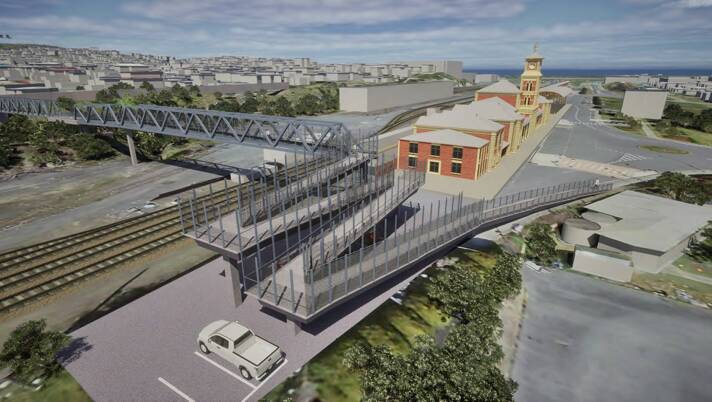 An artistic impression of how the new pedestrian bridge at the northern end of Albury railway station will appear when completed. There will be eight staff car parks lost as a result of the work. Image supplied.