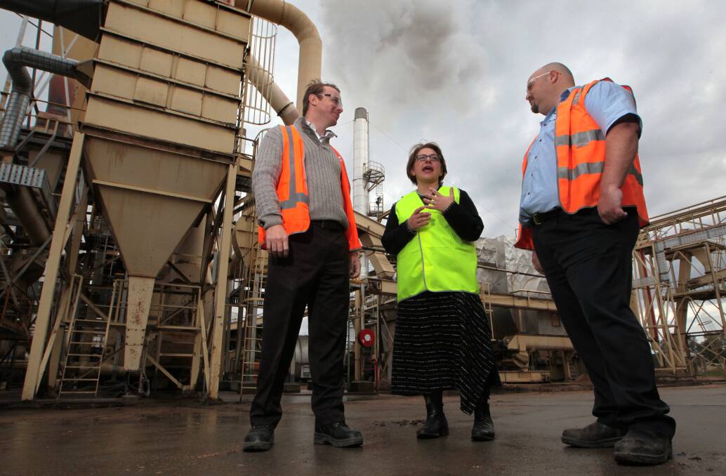 Flashback: D & R Henderson's general manger of manufacturing Richard Kaine with executive director David Henderson and then member for Indi Sophie Mirabella during a discussion about carbon tax in 2012.