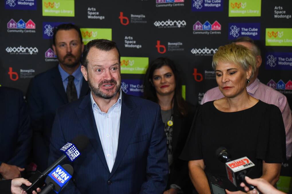 New assignment: Mark Dixon speaks to the media about his appointment to lead Wodonga Council. Watching on were councillors Danny Lowe, Kat Bennett, Anna Speedie and John Watson (obscured). Picture: MARK JESSER