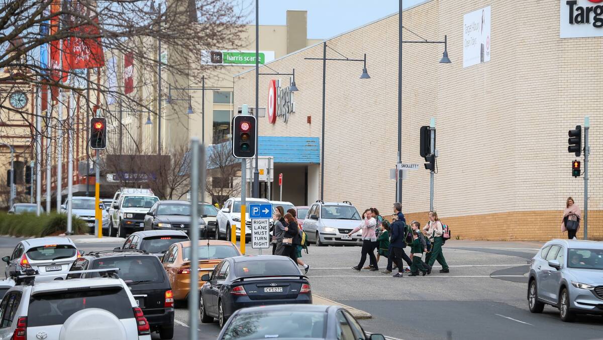 Doing the right thing: St Patrick's students use the pedestrian crossing at traffic lights at the intersection of Kiewa and Smollett streets. Picture: JAMES WILTSHIRE