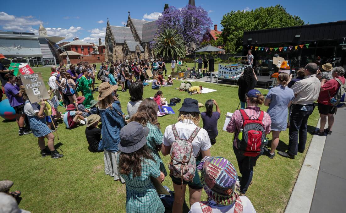 Debut: The first climate strike event last November which drew about 50 people to QEII Square in Albury. Picture: JAMES WILTSHIRE