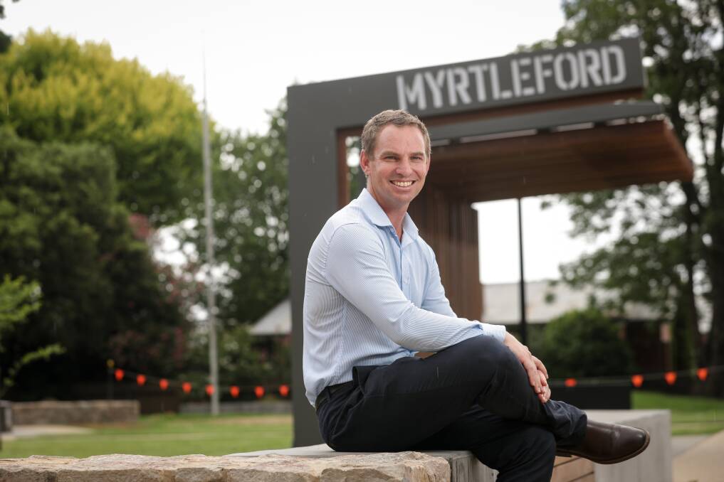 On the hustings: Steve Martin at Myrtleford's Jubilee Park which has been upgraded with new toilets, barbecue area and seating. He will continue his 50 towns tour at Yarck on Saturday and Benalla on Sunday. Picture: JAMES WILTSHIRE  