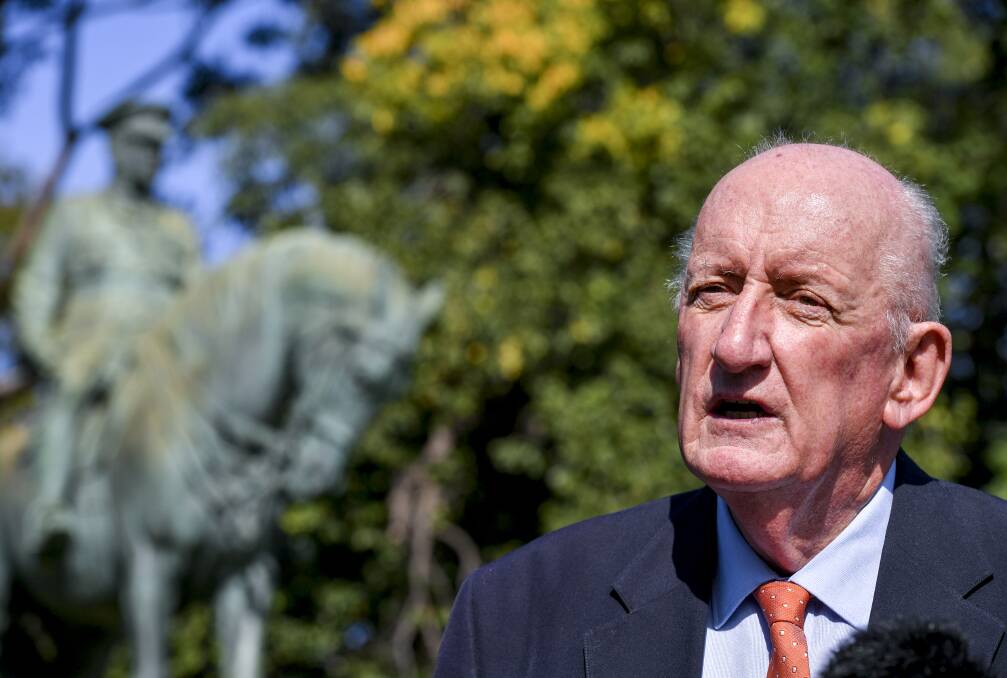 Welcome step: Tim Fischer pictured in April with a statue of John Monash near Melbourne's Shrine of Remembrance. He is excited that his campaign to have the World War I chief promoted to field marshal has gained support from Cathy McGowan.
