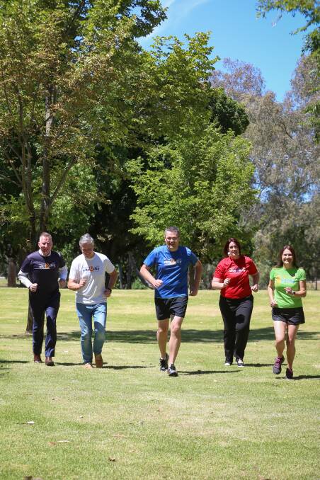 Off and running: Albury mayor Kevin Mack, Stephen Capello, Kev Poulton, Leisa Bridges and Michelle Hudson gear up for City2City. Picture: JAMES WILTSHIRE