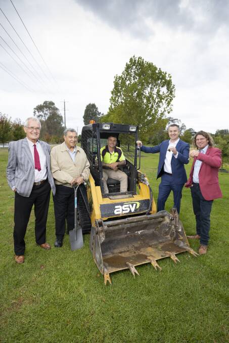 Ceremonial dig: Jos Weemaes with fellow Rotarian Matt Burke, digger driver Sam Mason and deputy mayors Graeme Simpfendorfer and Steve Bowen. Picture: ASH SMITH