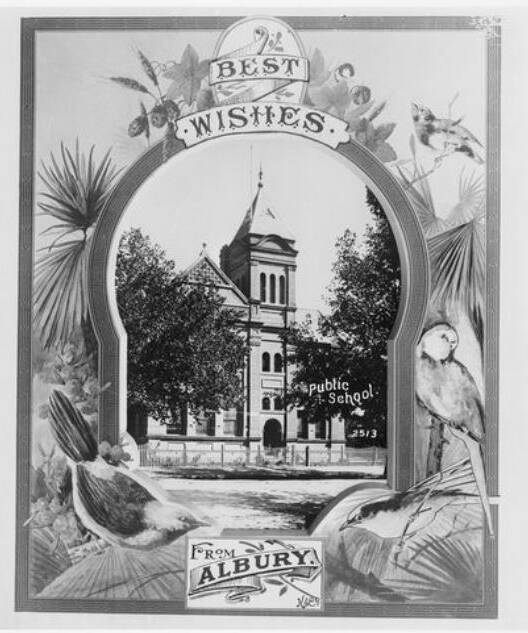 Art and photography: A glass plate featuring birds surrounding a picture of Albury Public School. The item is among the collection of the Powerhouse Museum.