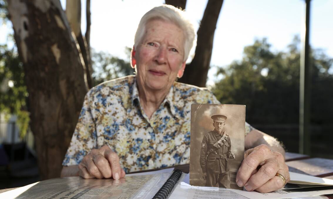 Direct link: Wodonga grandmother Pam Graeber with a photograph of her father Frank Mongan who served as a signaller at the Battle of Noreuil and returned home to work on the railways in Albury.