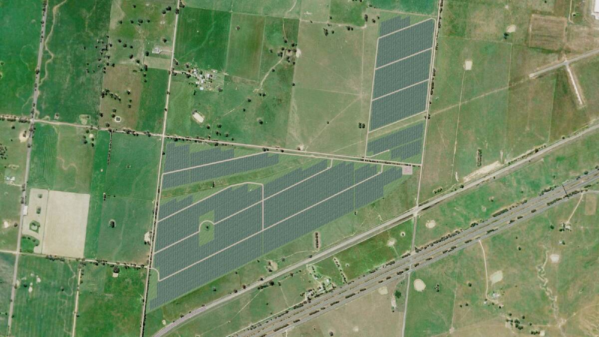 Bird's eye view: The shaded areas above represent the land at the Logic hub which will be leased to Wodonga Solar Power Pty Ltd over a 25-year period. The North East railway and Hume Freeway can be seen below the earmarked land.