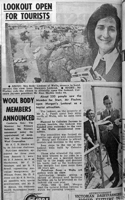 Grand opening: The Border Morning Mail's coverage of the opening of Morgan's Lookout to visitors in November, 1972. The then member for Sturt Tim Fischer can be seen cutting a ribbon while Walla's Betty Lindner holds a camera on the peak.