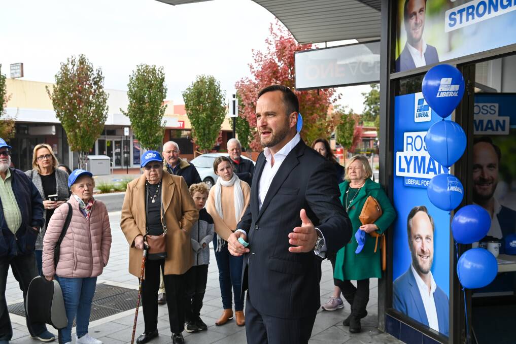 Blue corner: Ross Lyman speaks at his launch on Saturday morning. Pictures: MARK JESSER