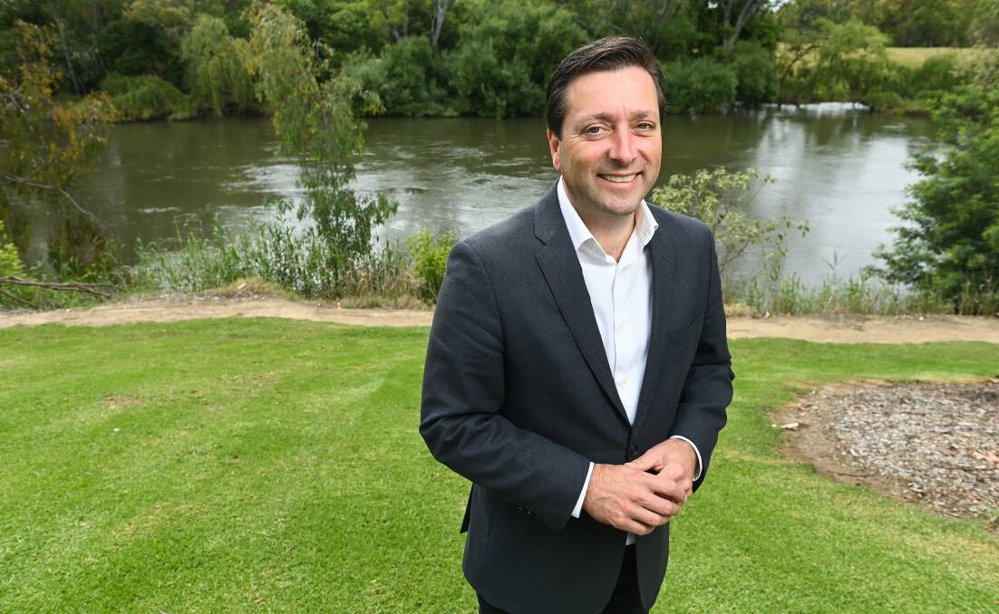 On the attack: Victorian Opposition leader Matthew Guy has raised the need for a new Albury-Wodonga hospital for the second time in three days with reporters beyond the Border.