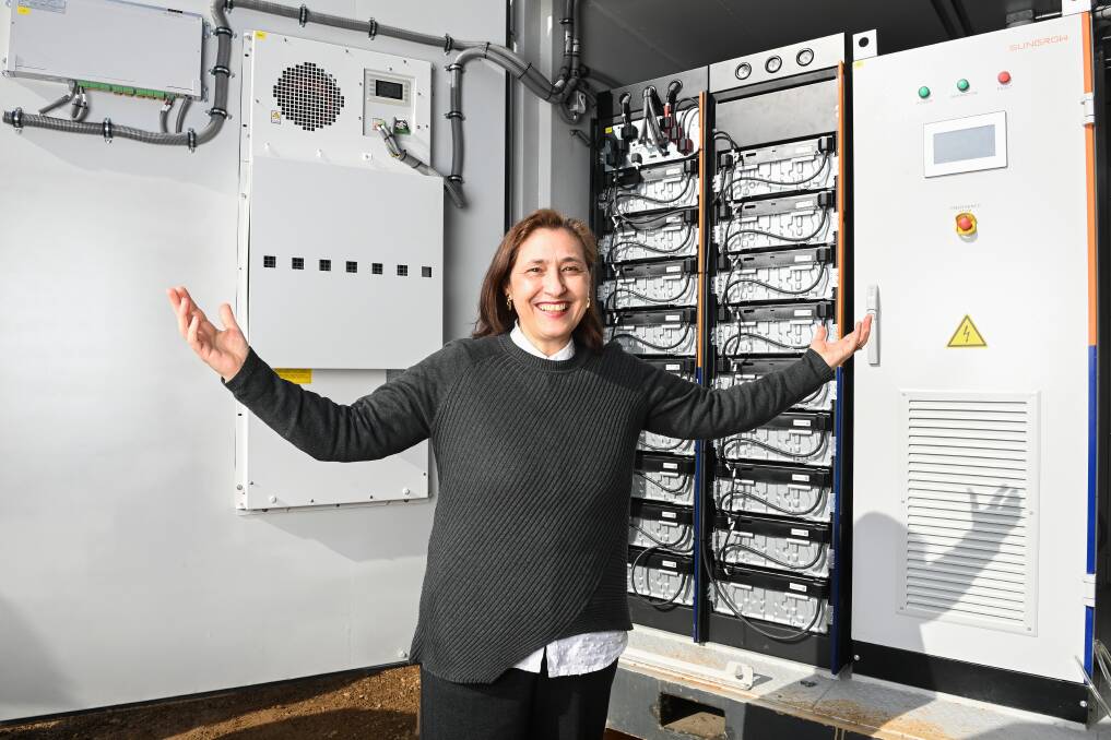 Here it is: Victorian Energy Minister Lily D'Ambrosio with the door open on Yackandandah's community battery which is stored in a shipping container at a former sawmill. Picture: MARK JESSER