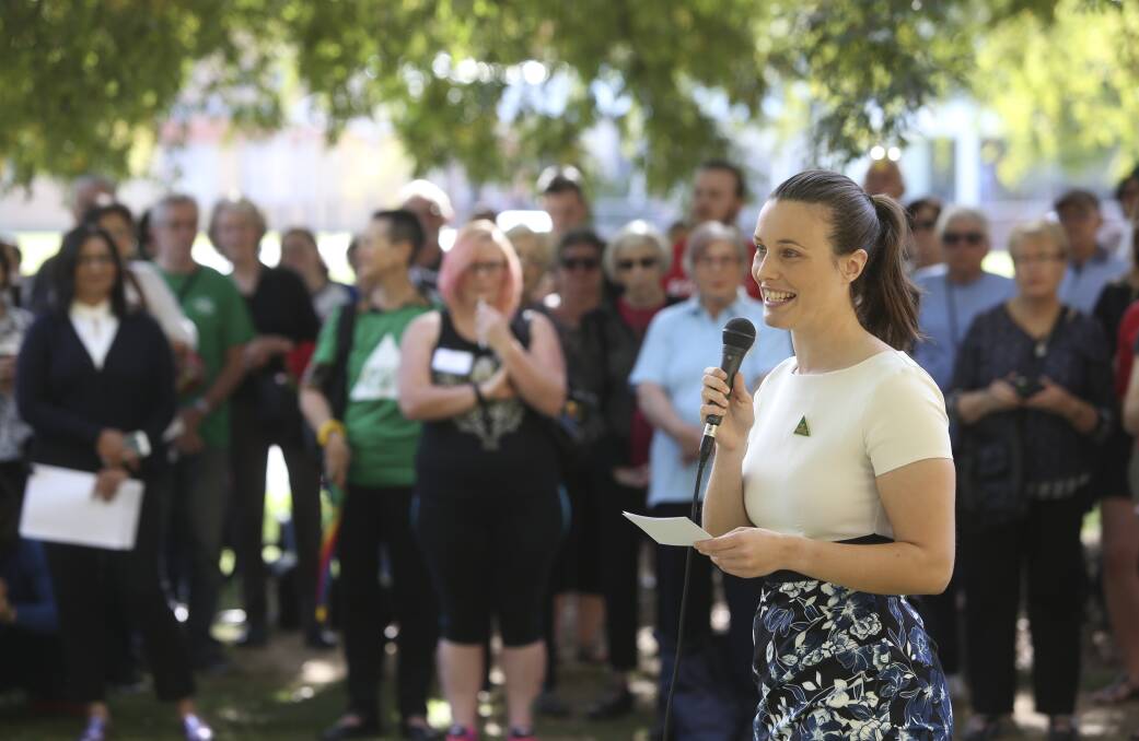 Calling for action: Greens council election candidate Amanda Cohn at a rally in Albury this year calling for exclusion zones around abortion clinics. 