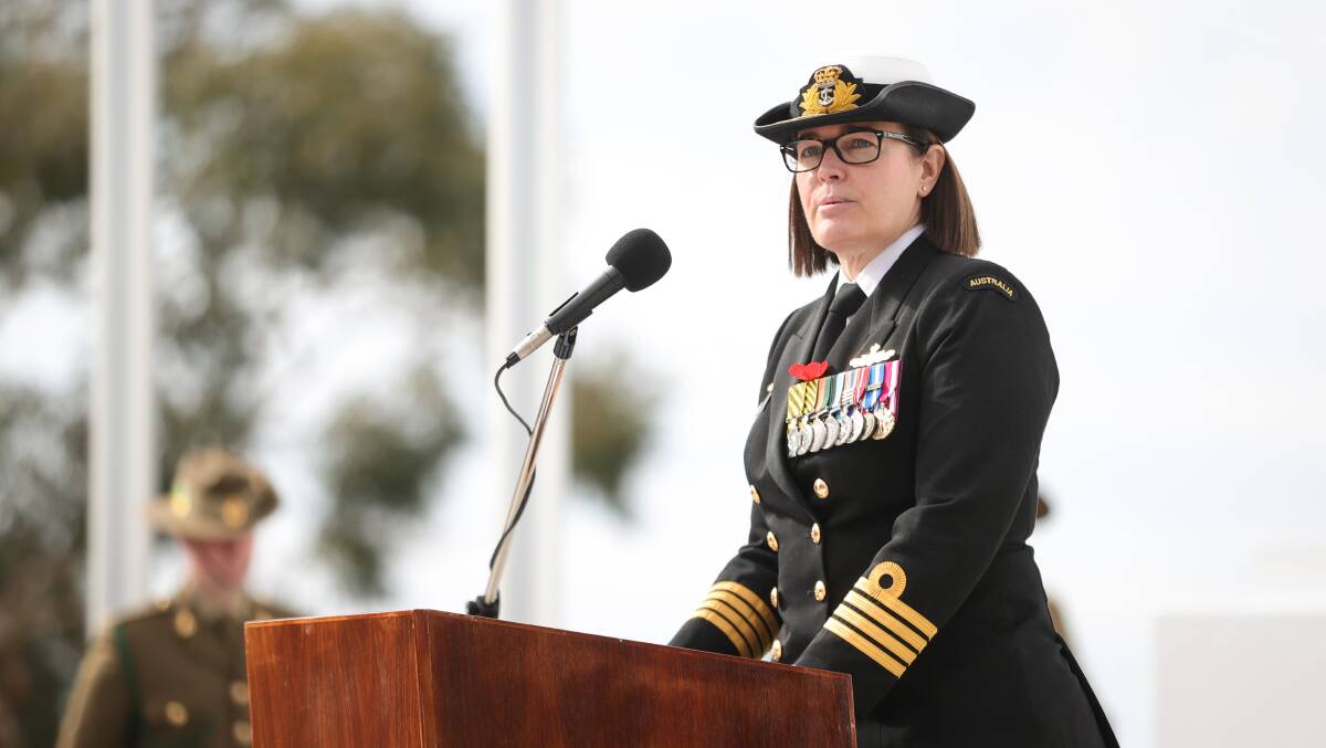 Proud Alburian: Captain Lorinda Carlin was thrilled to deliver the keynote address at the commemorative service. Her mother Helen Turner, who works at the Commercial Club, watched on proudly. Picture: JAMES WILTSHIRE
