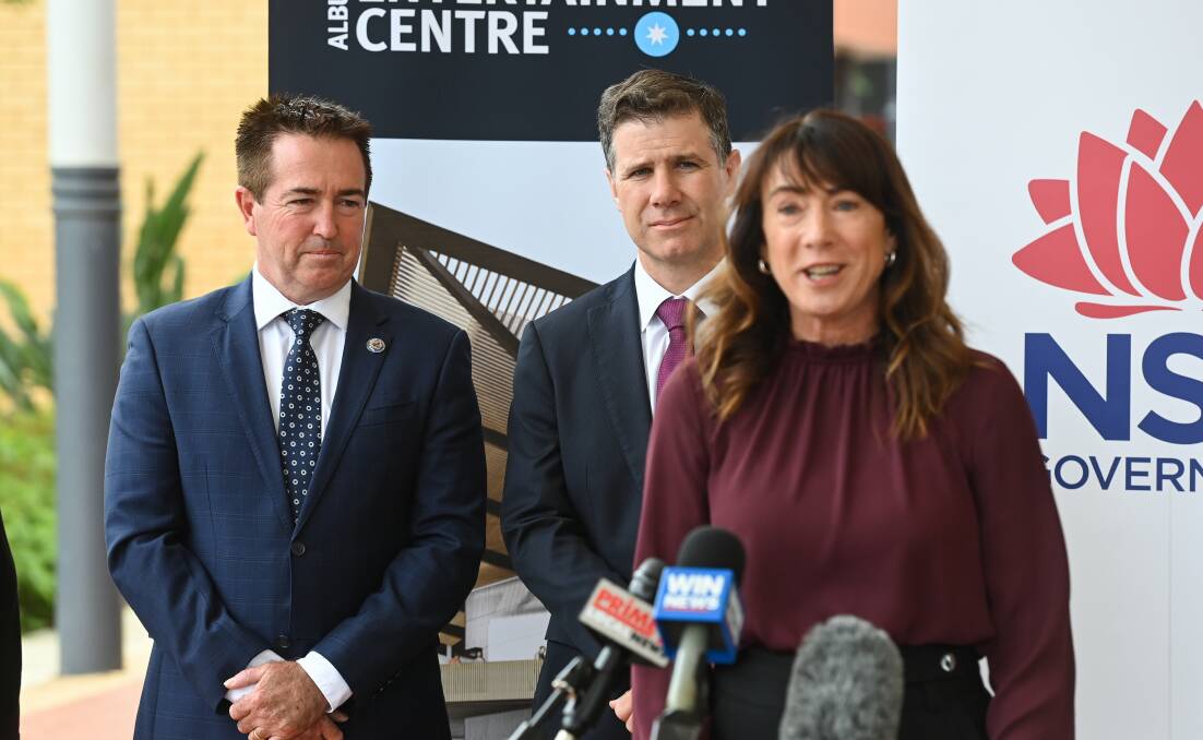 Announcement time: Deputy Premier Paul Toole, Albury MP Justin Clancy and Albury mayor Kylie King at the unveiling of funding from NSW for a revamped convention centre. Picture: MARK JESSER