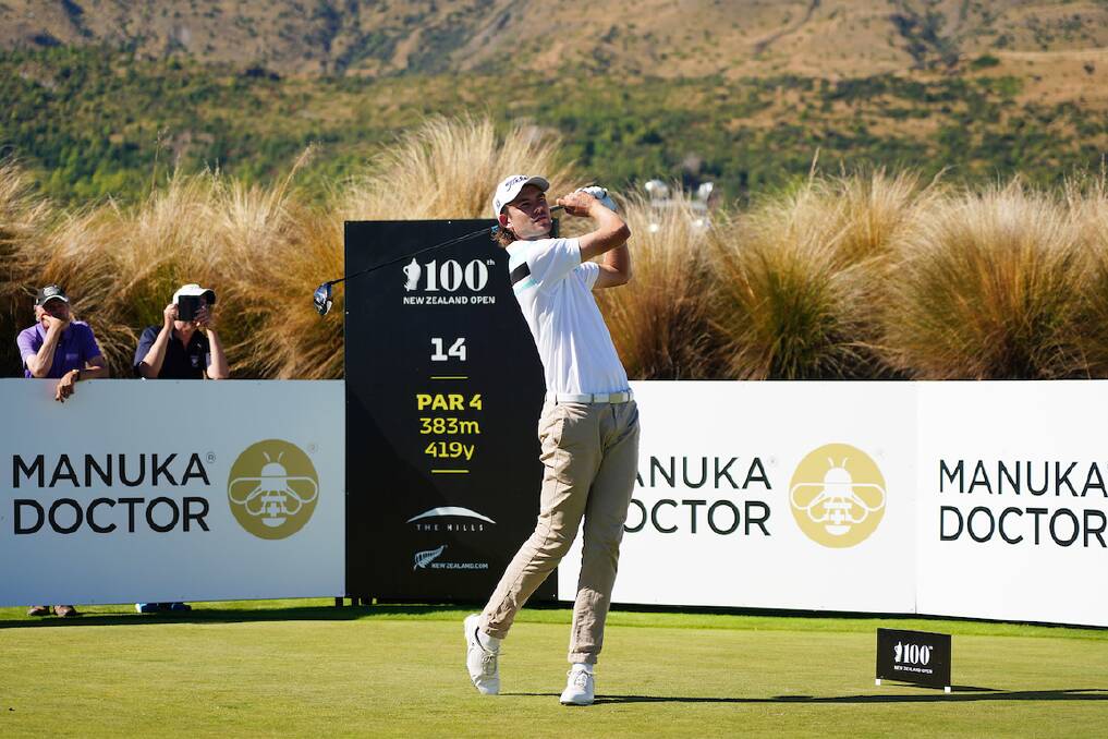 Full of focus: Zach Murray drives on the 14th driving the third round of the New Zealand Open on Saturday. Picture: PHOTOSPORT NZ