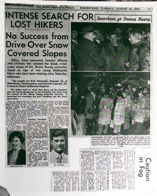 Flashback: Clippings telling of the search for Jenny Elford and her then boyfriend Kirk McLeod who were lost on Mount Donna Buang in 1953.