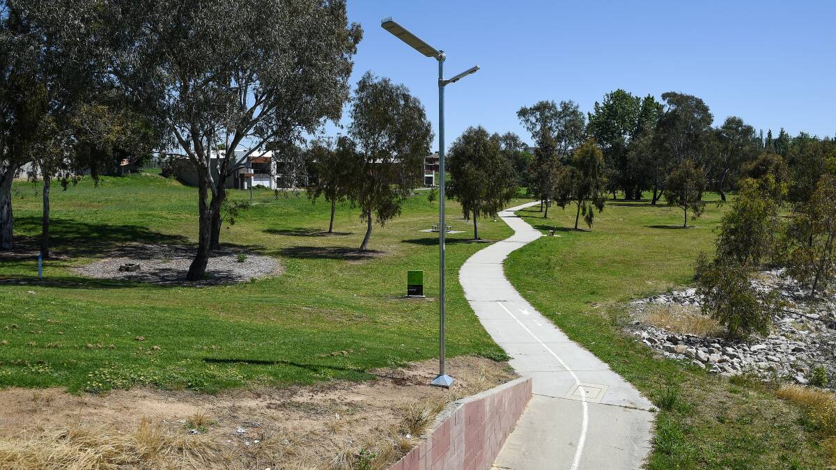 Illuminating: One of the 90 solar-powered lights installed as part of a federal government project to help Wodonga cyclists and pedestrians.