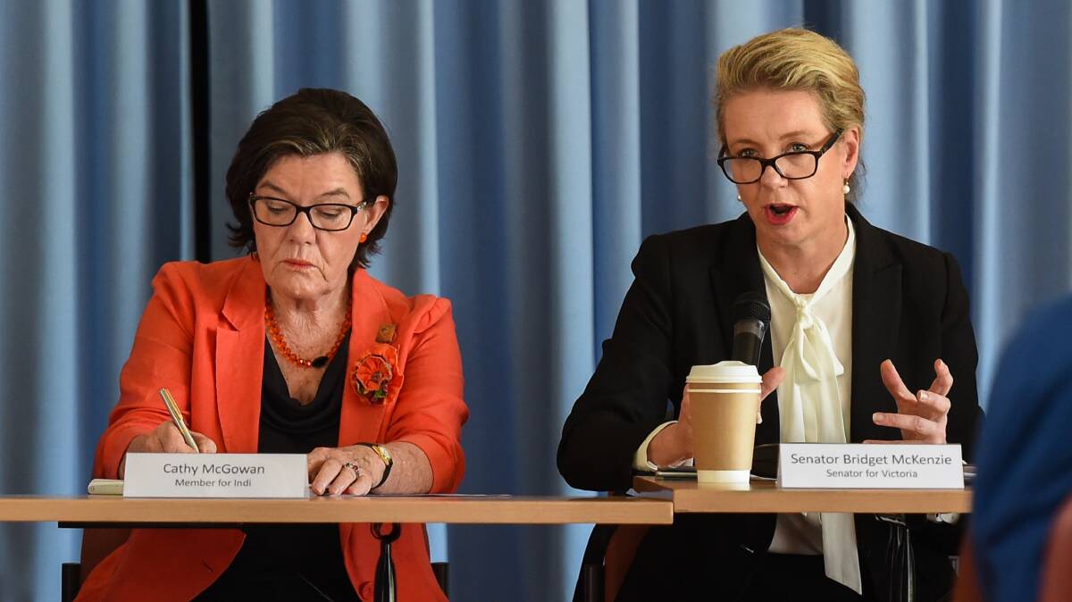 As one: Cathy McGowan, pictured in 2016 with Bridget McKenzie at a dairy forum, has supported the senator's continued tenure as Agriculture Minister after rumblings from discontented Nationals.