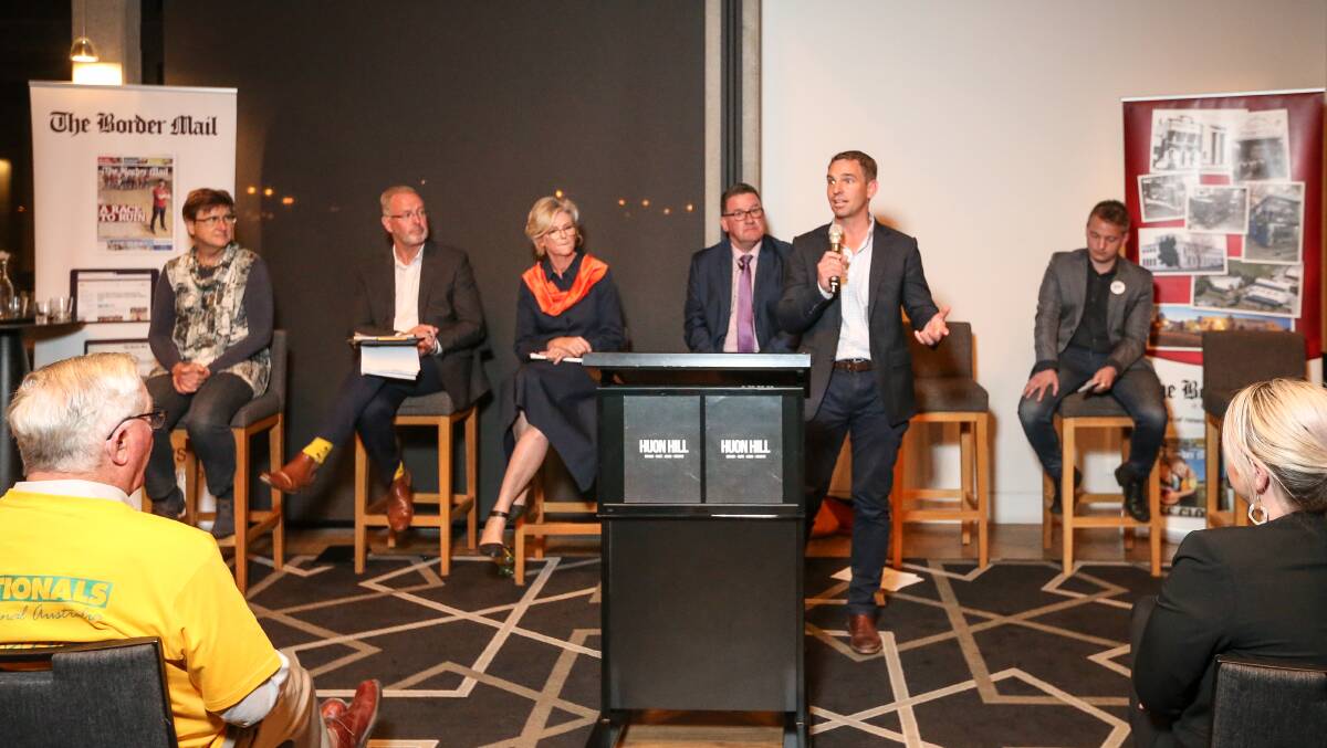 Flashback: Indi 2019 election candidates Helen Robinson (Greens), Mark Byatt (Nationals), Helen Haines and Eric Kerr (Labor) at the Border Mail's Wodonga election forum moderated by David Johnston (pictured behind Mr Martin).