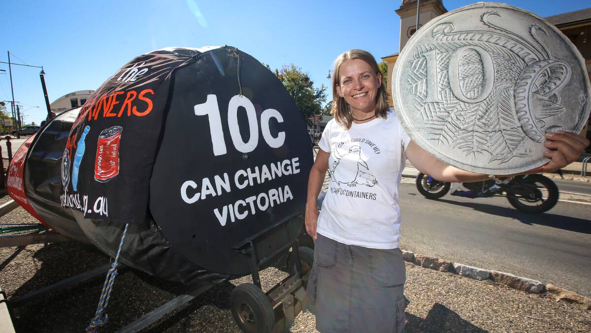 Flashback: Environmental campaigner Annett Finger at Beechworth last April on her tour around Victoria to pressure the state government into adopting a container deposit scheme.